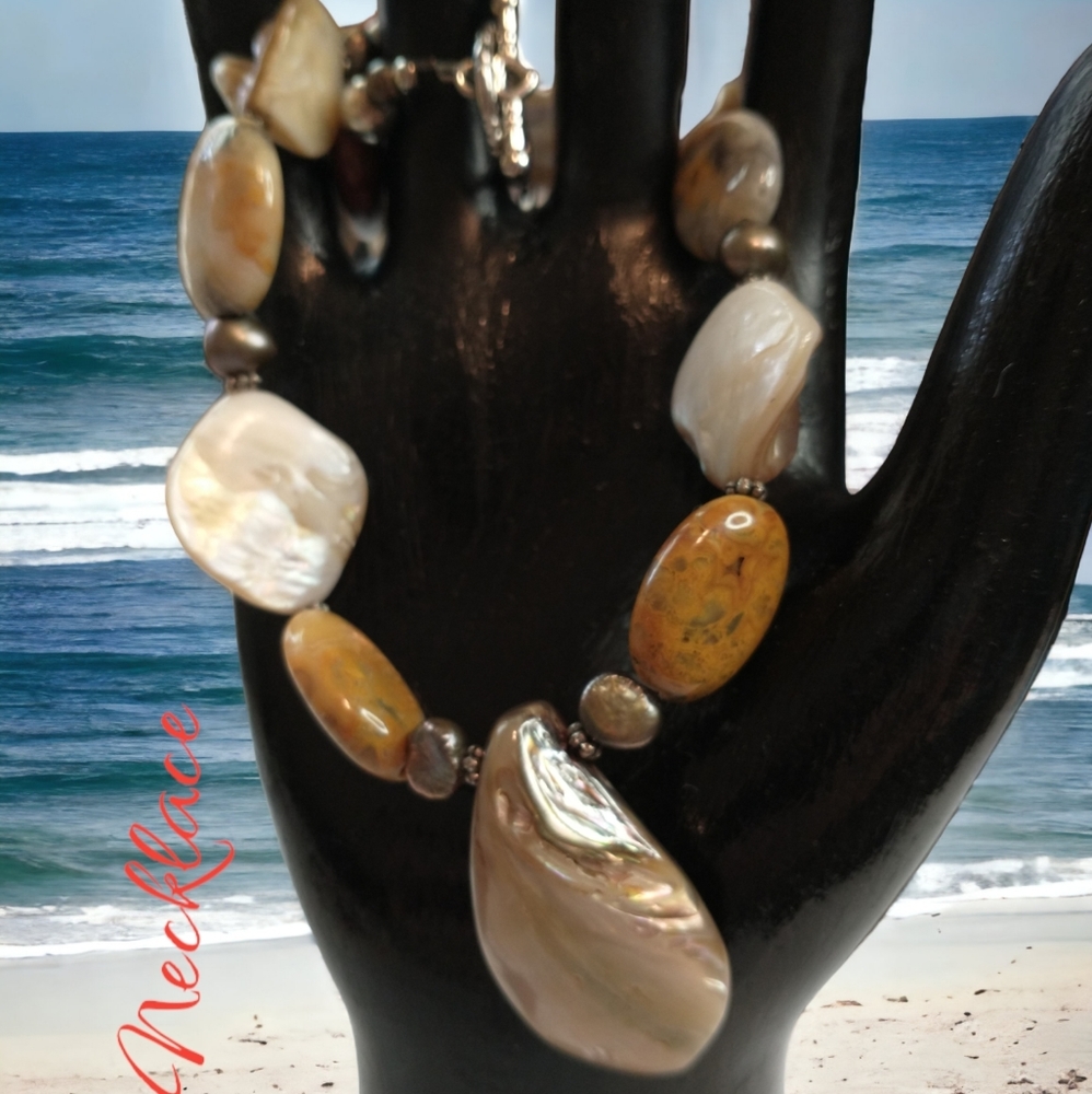 Necklace Agate, Mother of Pearl  Bumblebee‎ Jasper beachy vibe, chunky choker